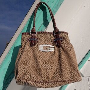 Y2K Guess Tansy Mocha canvas and faux leather shoulder tote bag